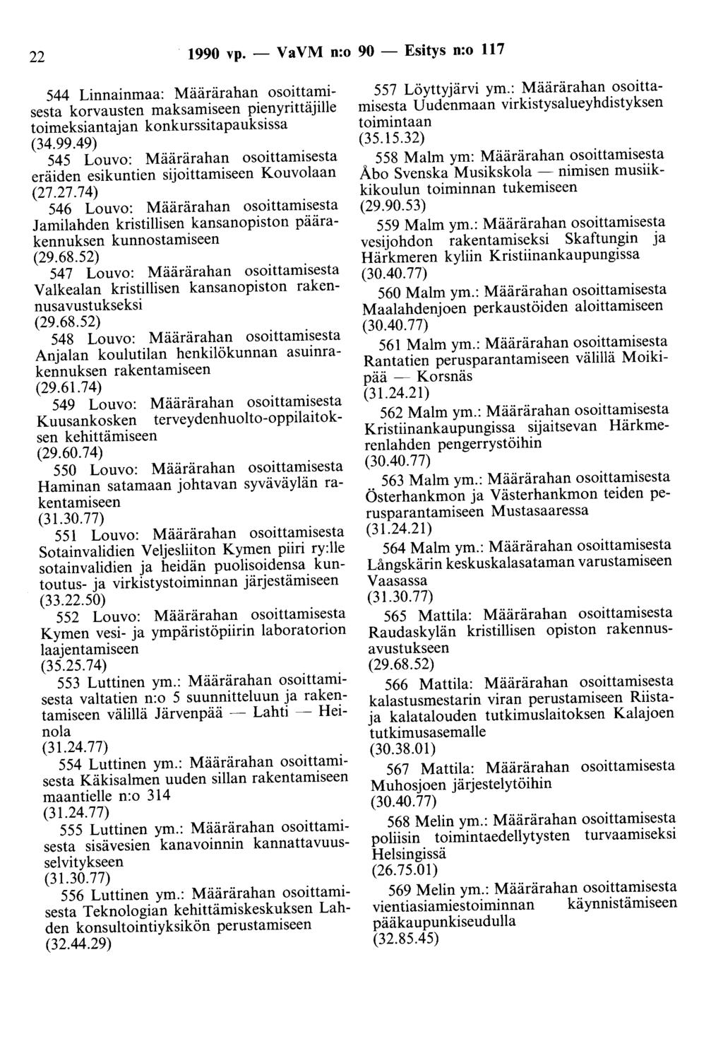 22 1990 vp. - V a VM n:o 90 - Esitys n:o 117 544 Linnainmaa: Määrärahan osoittamisesta korvausten maksamiseen pienyrittäjille toimeksiantajan konkurssitapauksissa (34.99.49) 545 Louvo: Määrärahan osoittamisesta eräiden esikuntien sijoittamiseen Kouvolaan (27.