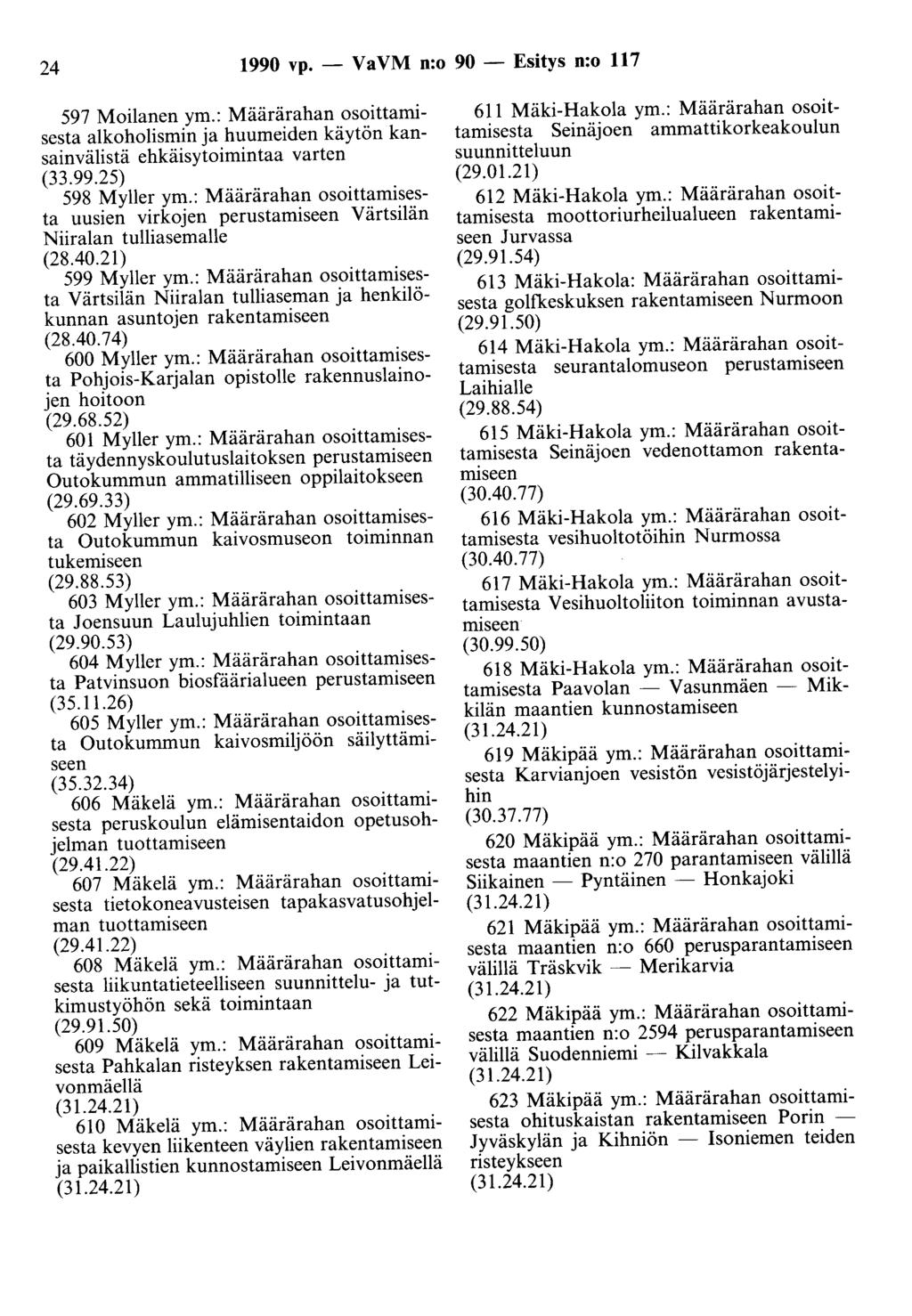 24 1990 vp. - Va VM n:o 90 - Esitys n:o 117 597 Moilanen ym.: Määrärahan osoittamisesta alkoholismin ja huumeiden käytön kansainvälistä ehkäisytoimintaa varten (33.99.25) 598 Myller ym.
