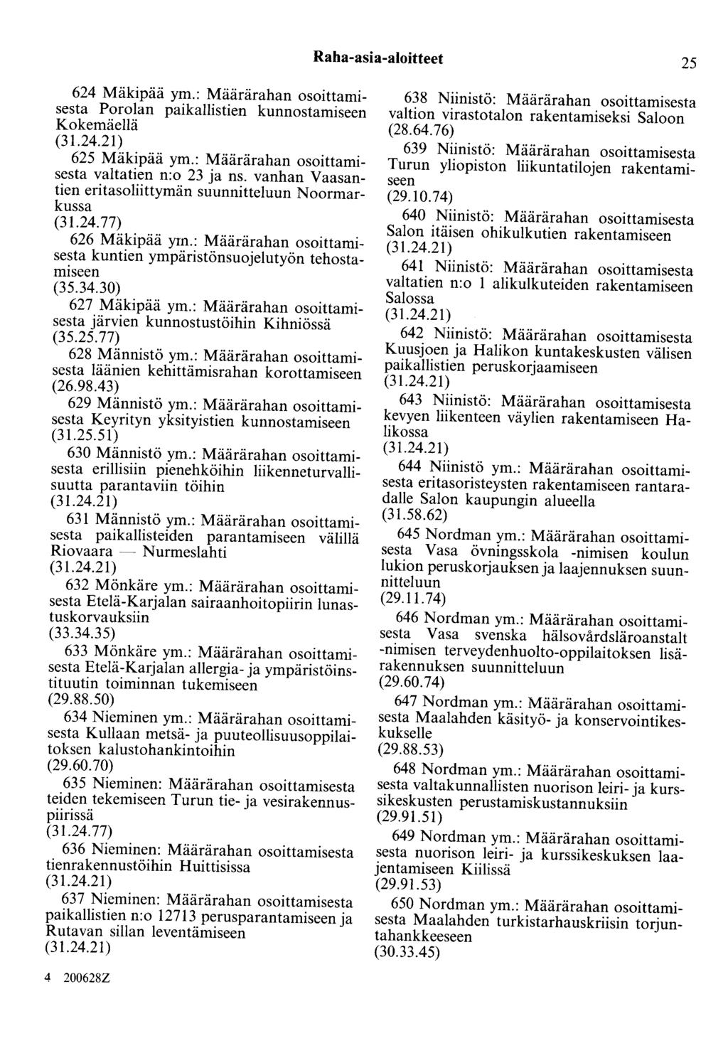 Raha-asia-aloitteet 25 624 Mäkipää ym.: Määrärahan osoittamisesta Porolan paikallistien kunnostamiseen Kokemäellä 625 Mäkipää ym.: Määrärahan osoittamisesta valtatien n:o 23 ja ns.