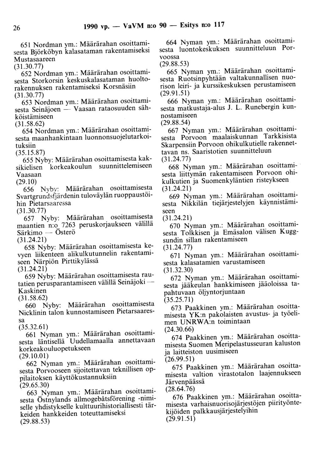 26 1990 vp. - Va VM n:o 90 - Esitys n:o 117 651 Nordman ym.: Määrärahan osoittamisesta Björköbyn kalasataman rakentamiseksi Mustasaareen (31.30.77) 652 Nordman ym.