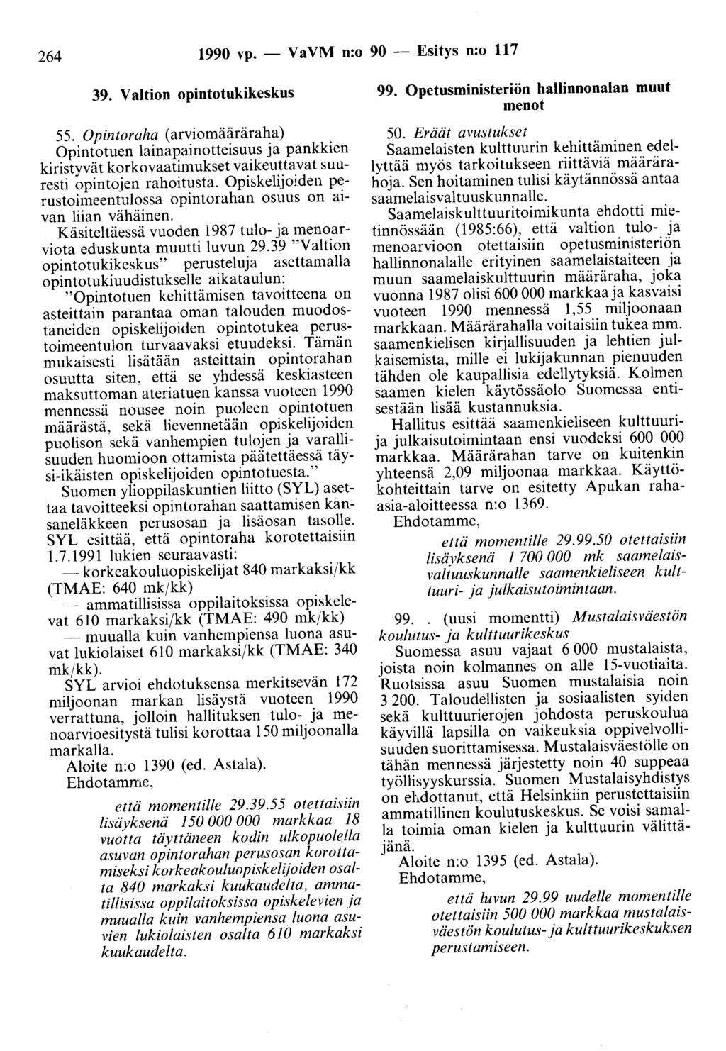 264 1990 vp. - Va VM n:o 90 - Esitys n:o 117 39. Valtion opintotukikeskus 55.