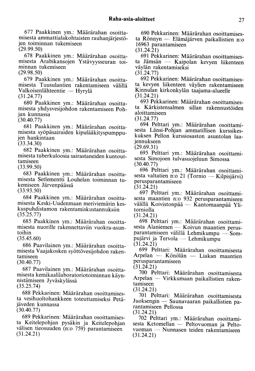Raha-asia-aloitteet 27 677 Paakkinen ym.: Määrärahan osoittamisesta ammattialakohtaisten rauhanjärjestöjen toiminnan tukemiseen (29.99.50) 678 Paakkinen ym.