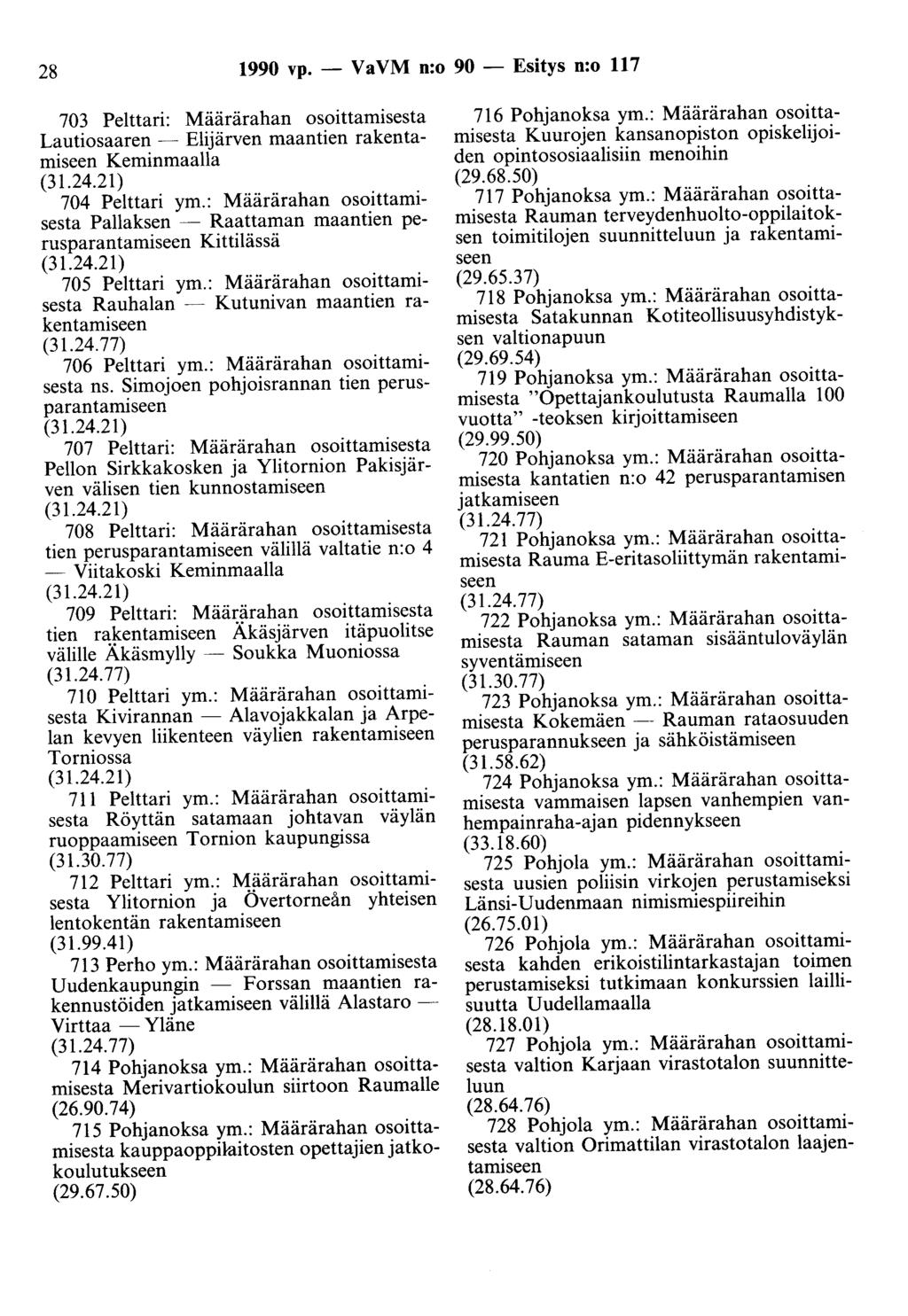 28 1990 vp. - Va VM n:o 90 - Esitys n:o 117 703 Pelttari: Määrärahan osoittamisesta Lautiosaaren - Elijärven maantien rakentamiseen Keminmaalla 704 Pelitari ym.