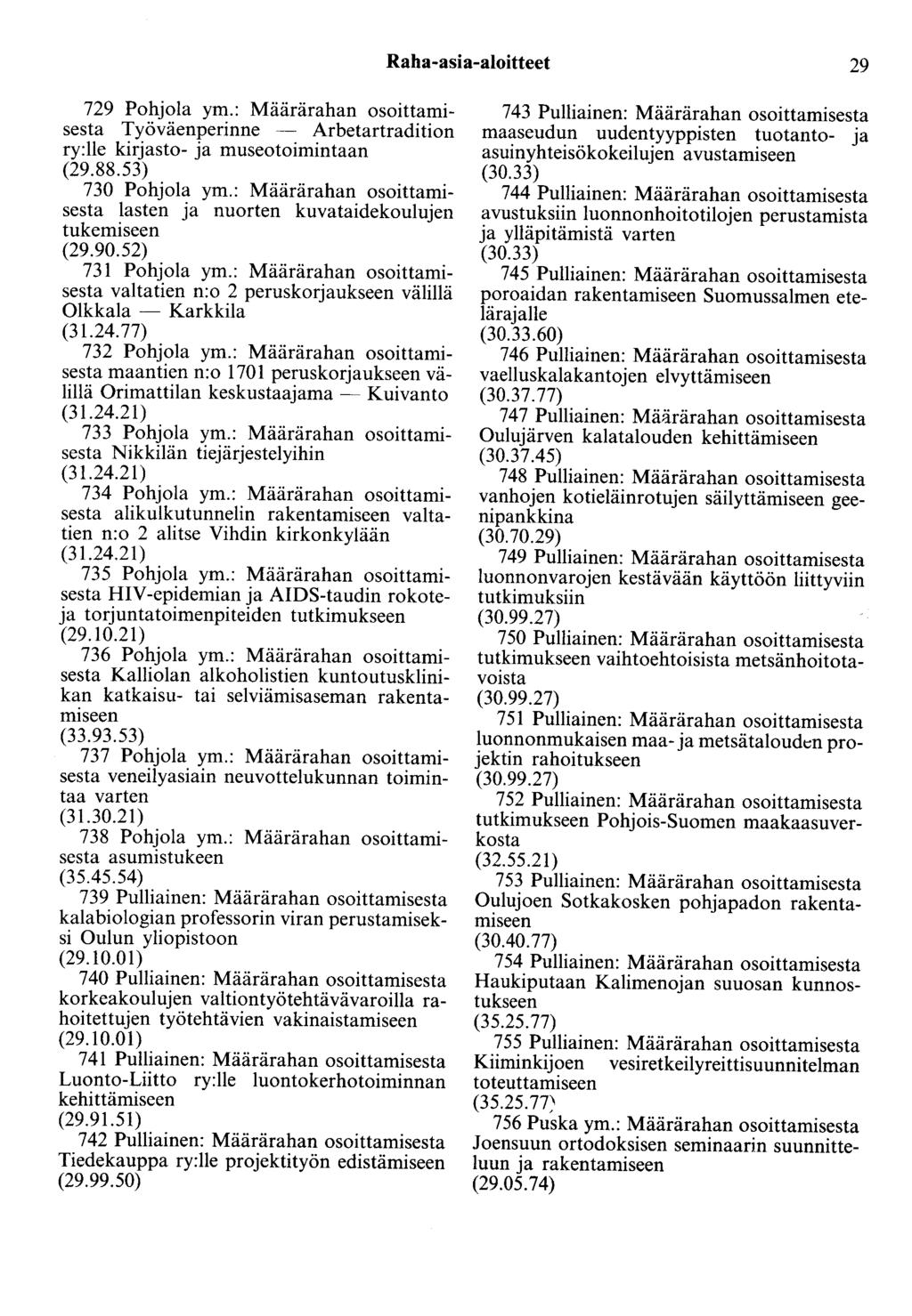 Raha-asia-aloitteet 29 729 Pohjola ym.: Määrärahan osoittamisesta Työväenperinne - Arbetartradition ry:lle kirjasto- ja museotoimintaan (29.88.53) 730 Pohjola ym.
