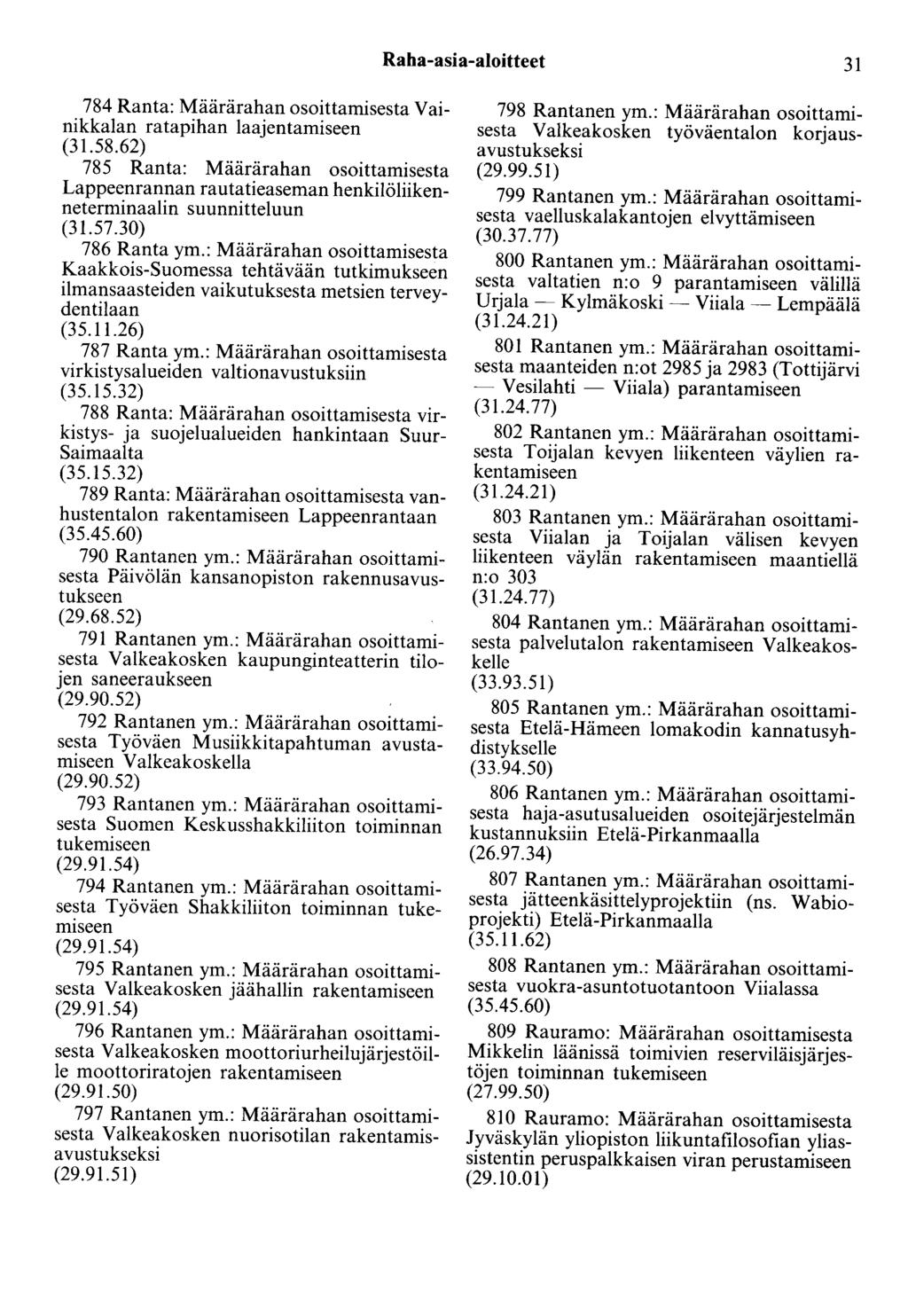 Raha-asia-aloitteet 31 784 Ranta: Määrärahan osoittamisesta Vainikkalan ratapihan laajentamiseen (31.58.