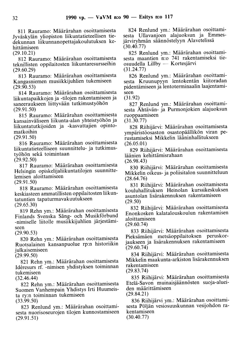 32 1990 vp. - Va VM n:o 90 - Esitys n:o 117 811 Rauramo: Määrärahan osoittamisesta Jyväskylän yliopiston liikuntatieteellisen tiedekunnan liikunnanopettajakoulutuksen kehittämiseen (29.10.