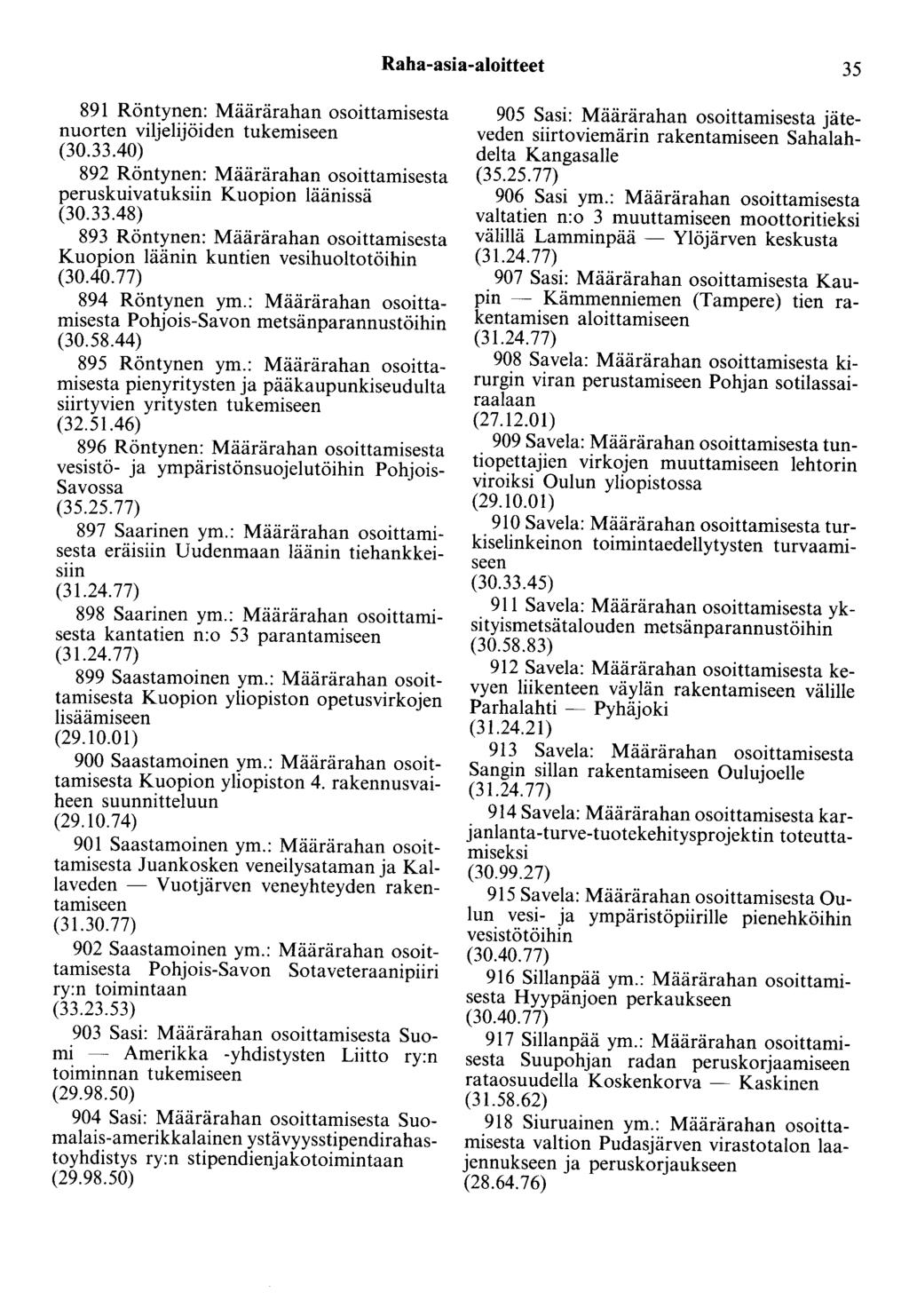 Raha-asia-aloitteet 35 891 Röntynen: Määrärahan osoittamisesta nuorten viljelijöiden tukemiseen (30.33.40) 892 Röntynen: Määrärahan osoittamisesta peruskuivatuksiin Kuopion läänissä (30.33.48) 893 Röntynen: Määrärahan osoittamisesta Kuopion läänin kuntien vesihuoltotöihin (30.