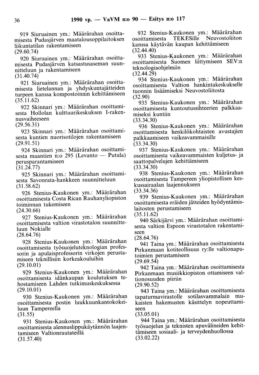 36 1990 vp. - Va VM n:o 90 - Esitys n:o 117 919 Siuruainen ym.: Määrärahan osoittamisesta Pudasjärven maatalousoppilaitoksen liikuntatilan rakentamiseen (29.60.74) 920 Siuruainen ym.