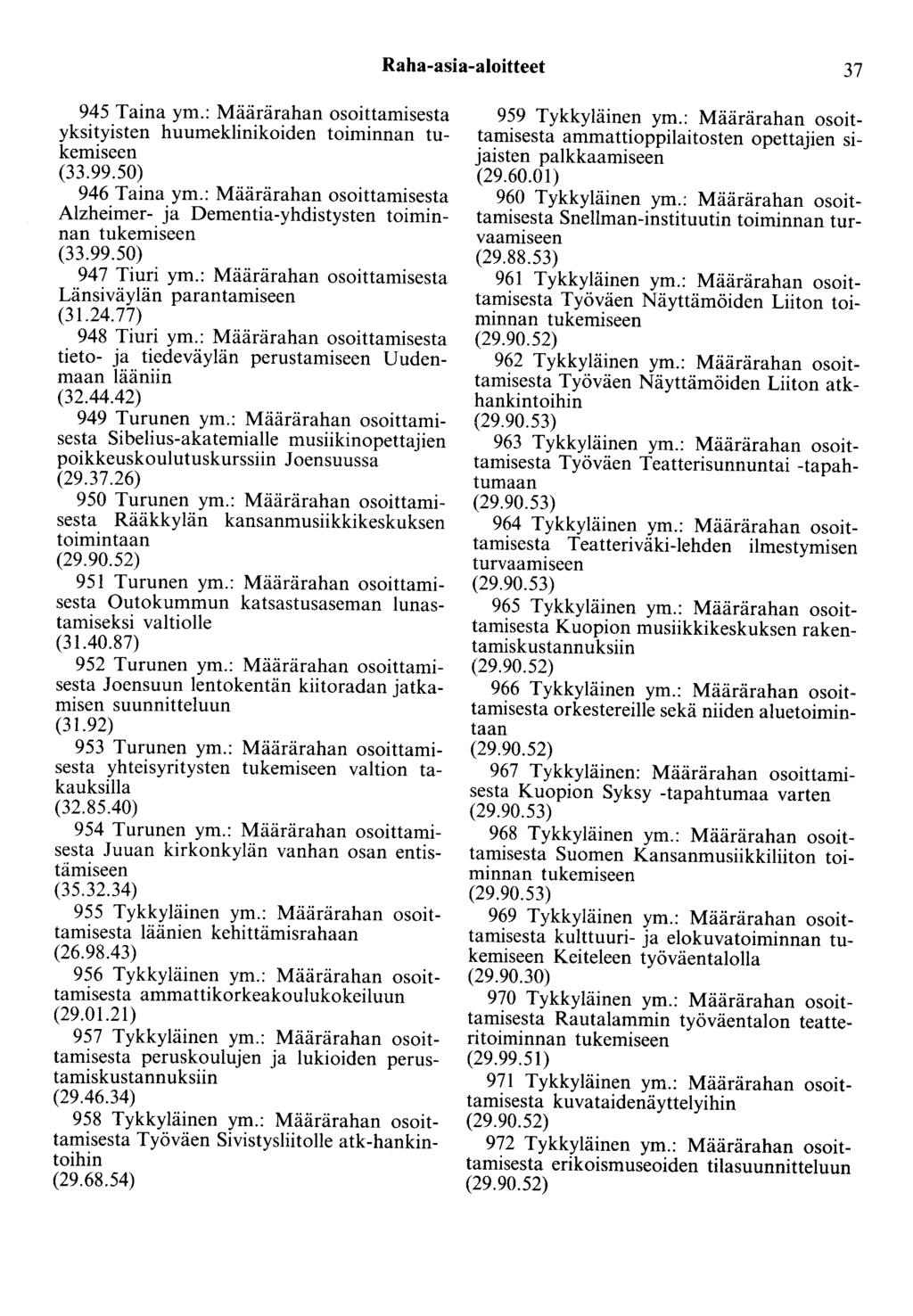 Raha-asia-aloitteet 37 945 Taina ym.: Määrärahan osoittamisesta yksityisten huumeklinikoiden toiminnan tukemiseen (33.99.50) 946 Taina ym.