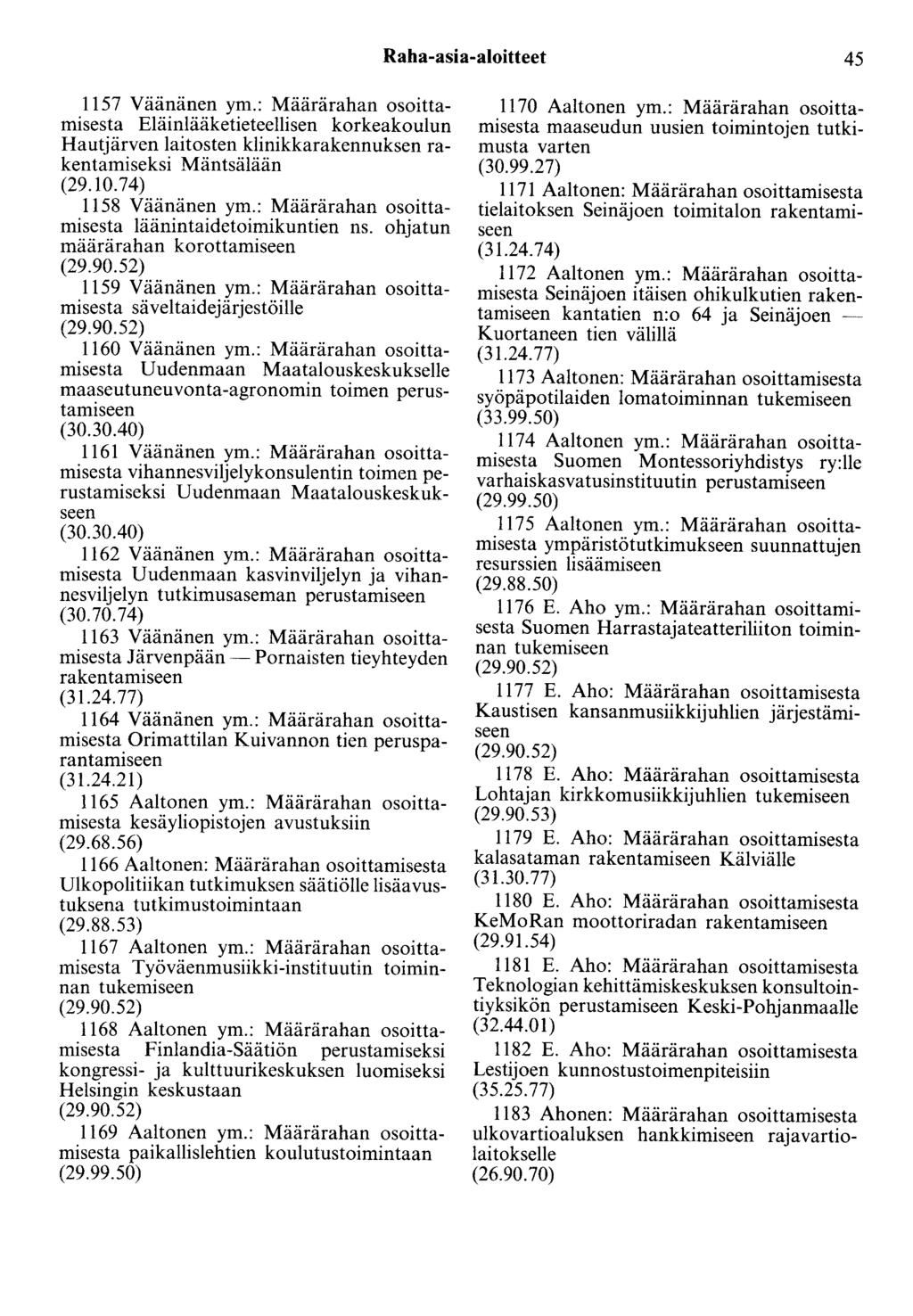 Raha-asia-aloitteet 45 1157 Väänänen ym.: Määrärahan osoittamisesta Eläinlääketieteellisen korkeakoulun Hautjärven laitosten klinikkarakennuksen rakentamiseksi Mäntsälään (29.10.74) 1158 Väänänen ym.