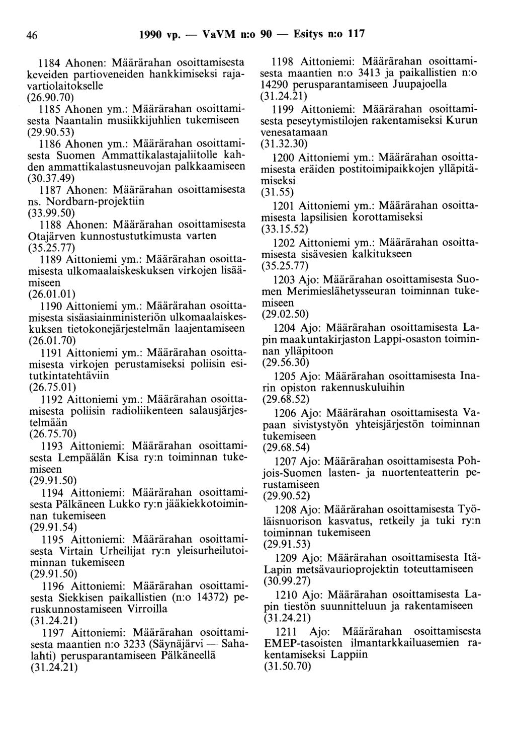 46 1990 vp. - Va VM n:o 90 - Esitys n:o 117 1184 Ahonen: Määrärahan osoittamisesta keveiden partioveneiden hankkimiseksi rajavartiolaitokselle (26.90.70) 1185 Ahonen ym.