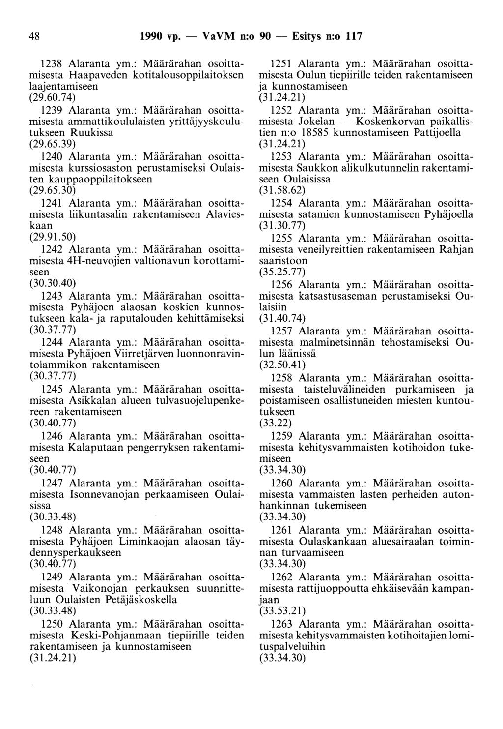48 1990 vp. - Va VM n:o 90 - Esitys n:o 117 1238 Alaranta ym.: Määrärahan osoittamisesta Haapaveden kotitalousoppilaitoksen laajentamiseen (29.60.74) 1239 Alaranta ym.