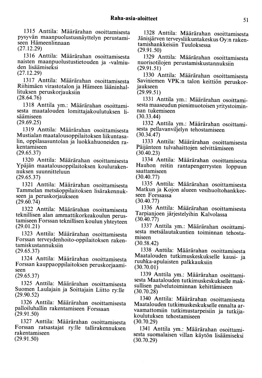 Raha-asia-aloitteet 51 1315 Anttila: Määrärahan osoittamisesta pysyvän maanpuolustusnäyttelyn perustamiseen Hämeenlinnaan (27.12.