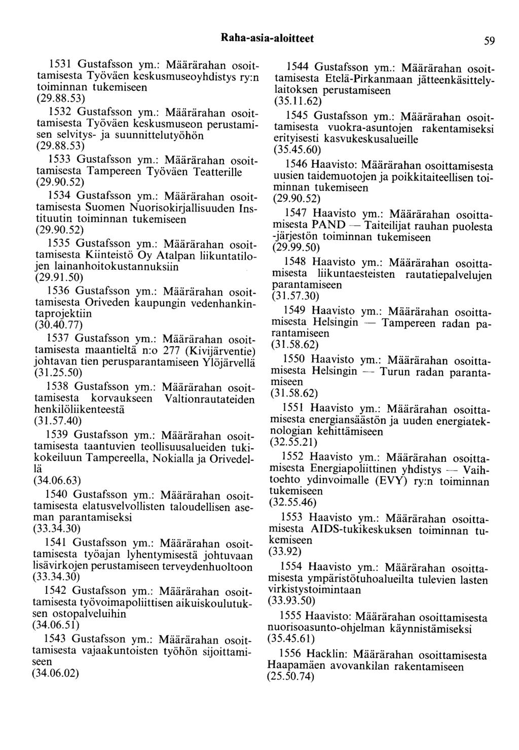 Raha-asia-aloitteet 59 1531 Gustafsson ym.: Määrärahan osoittamisesta Työväen keskusmuseoyhdistys ry:n toiminnan tukemiseen (29.88.53) 1532 Gustafsson ym.