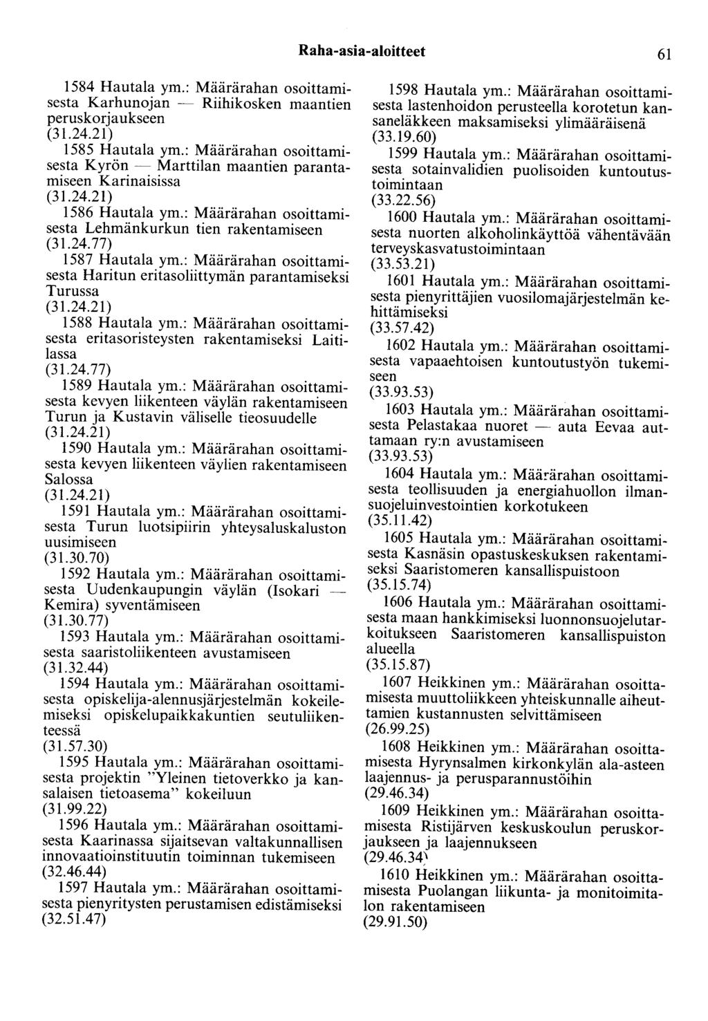 Raha-asia-aloitteet 61 1584 Hautala ym.: Määrärahan osoittamisesta Karhunojan - Riihikosken maantien peruskorjaukseen 1585 Hautala ym.