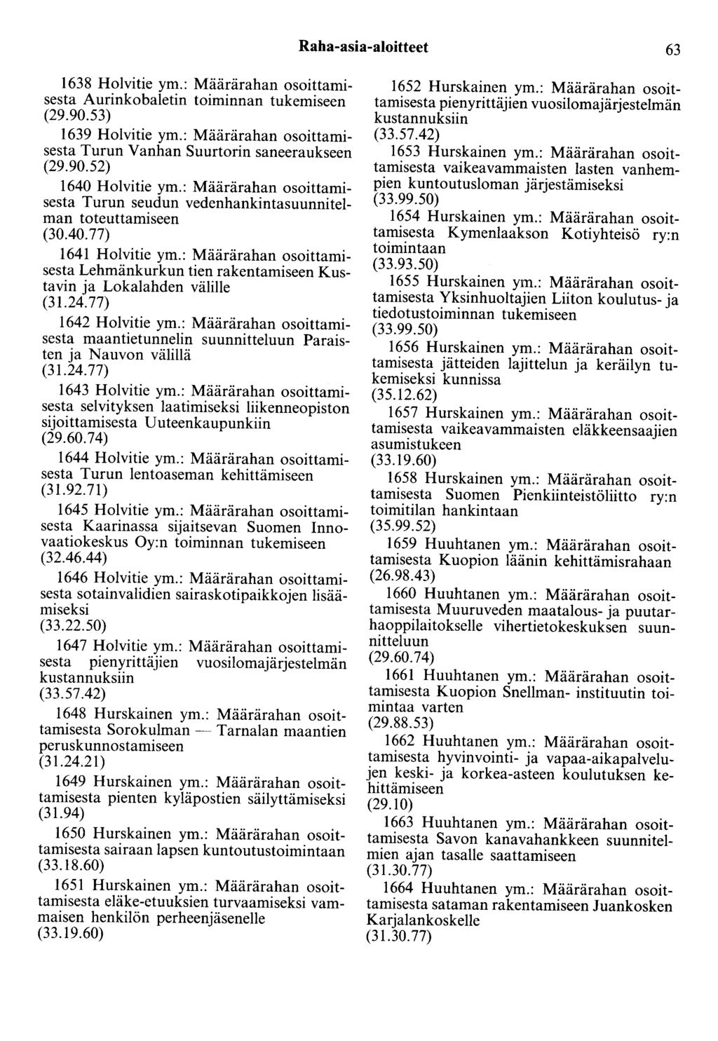 Raha-asia-aloitteet 63 1638 Holvitie ym.: Määrärahan osoittamisesta Aurinkobaletin toiminnan tukemiseen 1639 Holvitie ym.: Määrärahan osoittamisesta Turun Vanhan Suurtorin saneeraukseen (29.90.