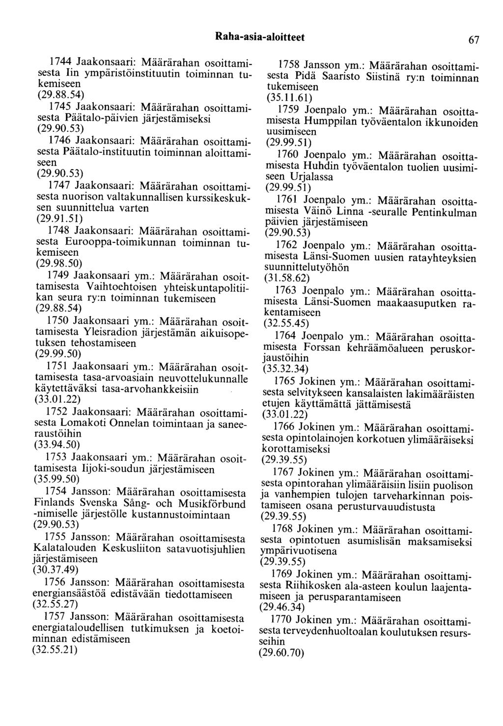 Raha-asia-aloitteet 67 1744 Jaakonsaari: Määrärahan osoittamisesta Iin ympäristöinstituutin toiminnan tukemiseen (29.88.