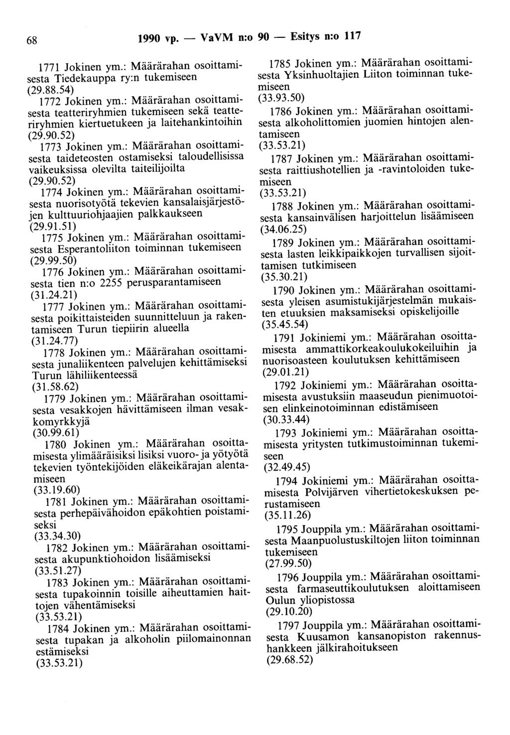 68 1990 vp. - Va VM n:o 90 - Esitys n:o 117 1771 Jokinen ym.: Määrärahan osoittamisesta Tiedekauppa ry:n tukemiseen (29.88.54) 1772 Jokinen ym.