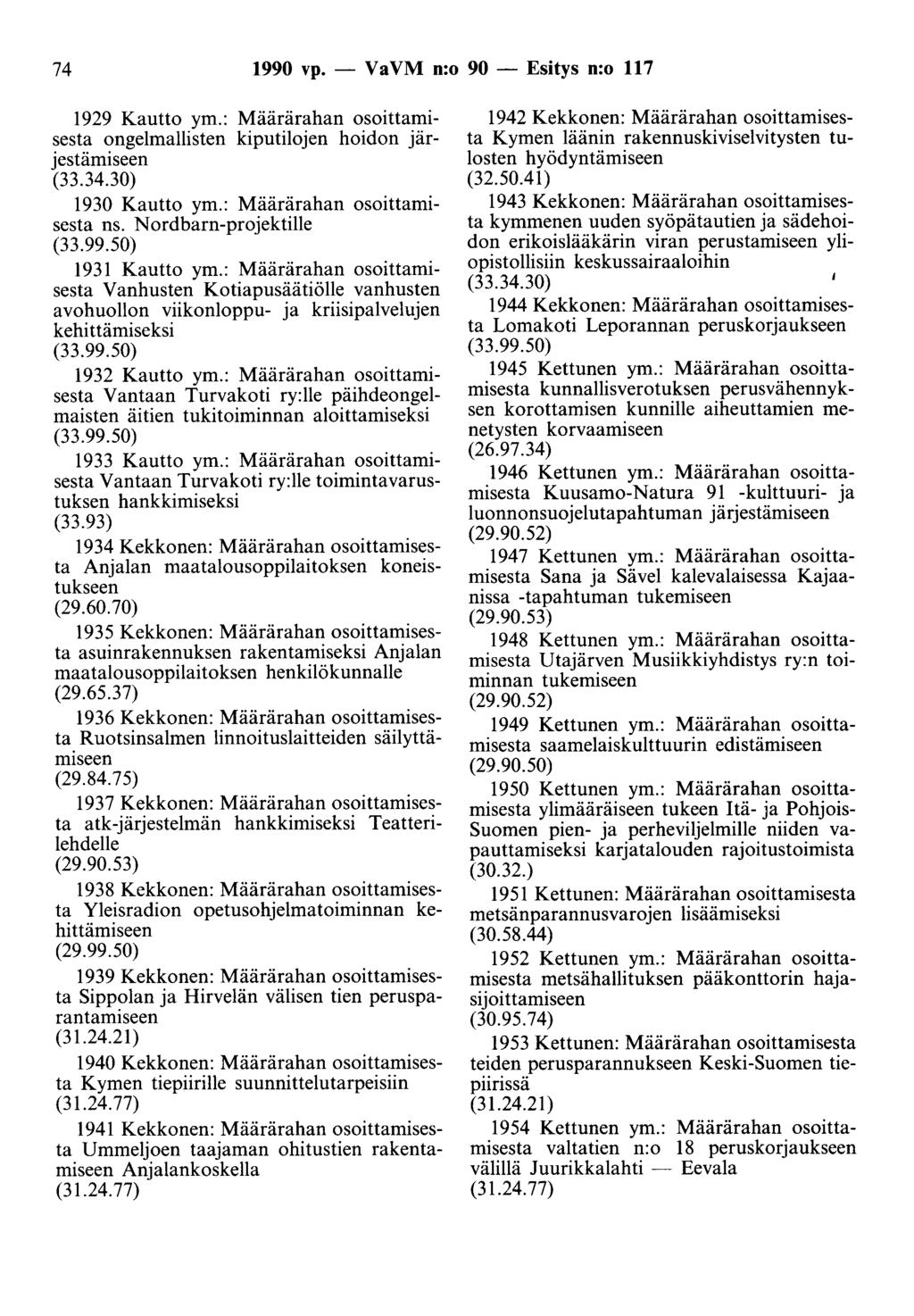 74 1990 vp. - Va VM n:o 90 - Esitys n:o 117 1929 Kautto ym.: Määrärahan osoittamisesta ongelmallisten kiputilojen hoidon järjestämiseen (33.34.30) 1930 Kautto ym.: Määrärahan osoittamisesta ns.