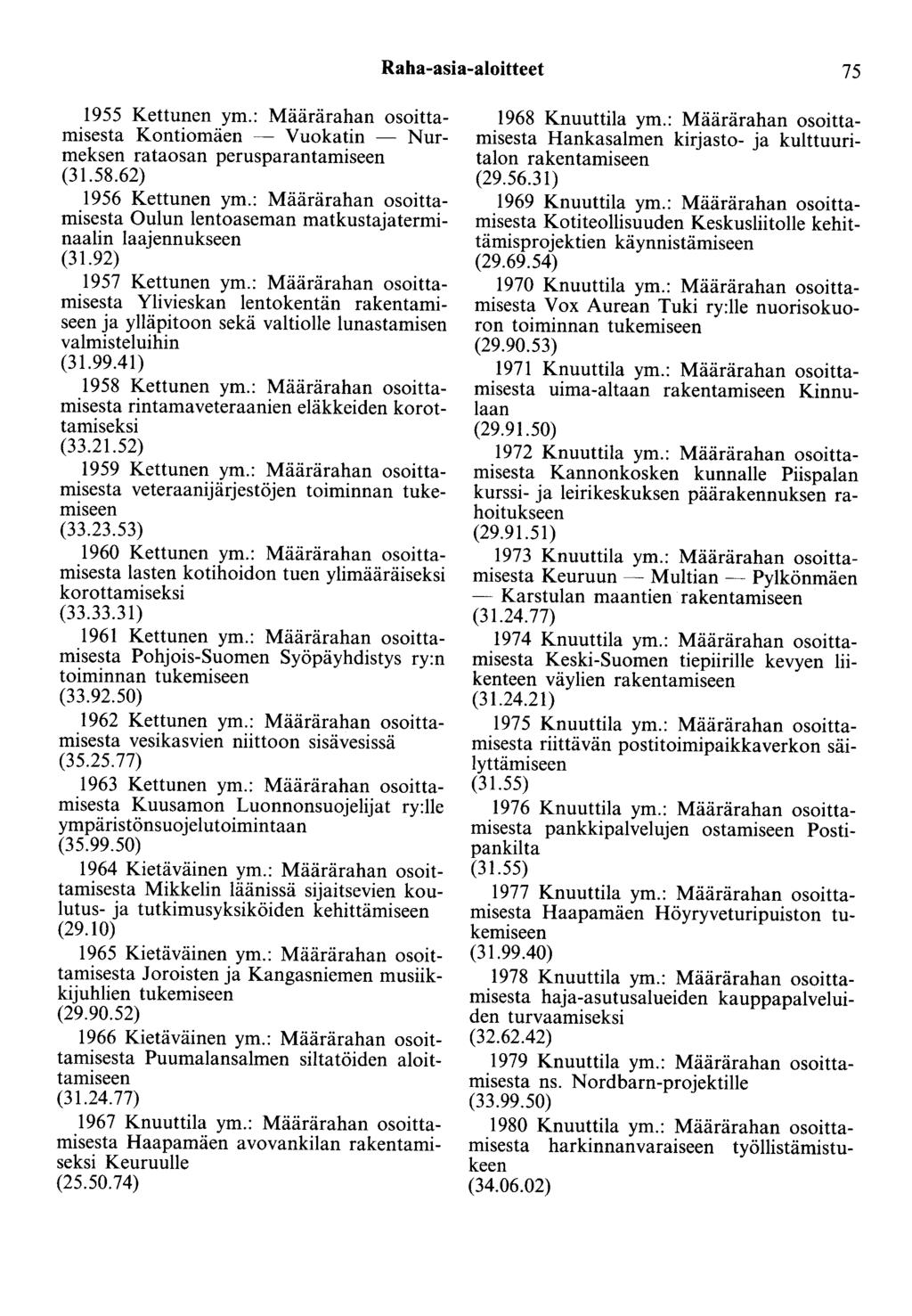 Raha-asia-aloitteet 75 1955 Kettunen ym.: Määrärahan osoittamisesta Kontiomäen - Vuokatin - Nurmeksen rataosan perusparantamiseen (31.58.62) 1956 Kettunen ym.