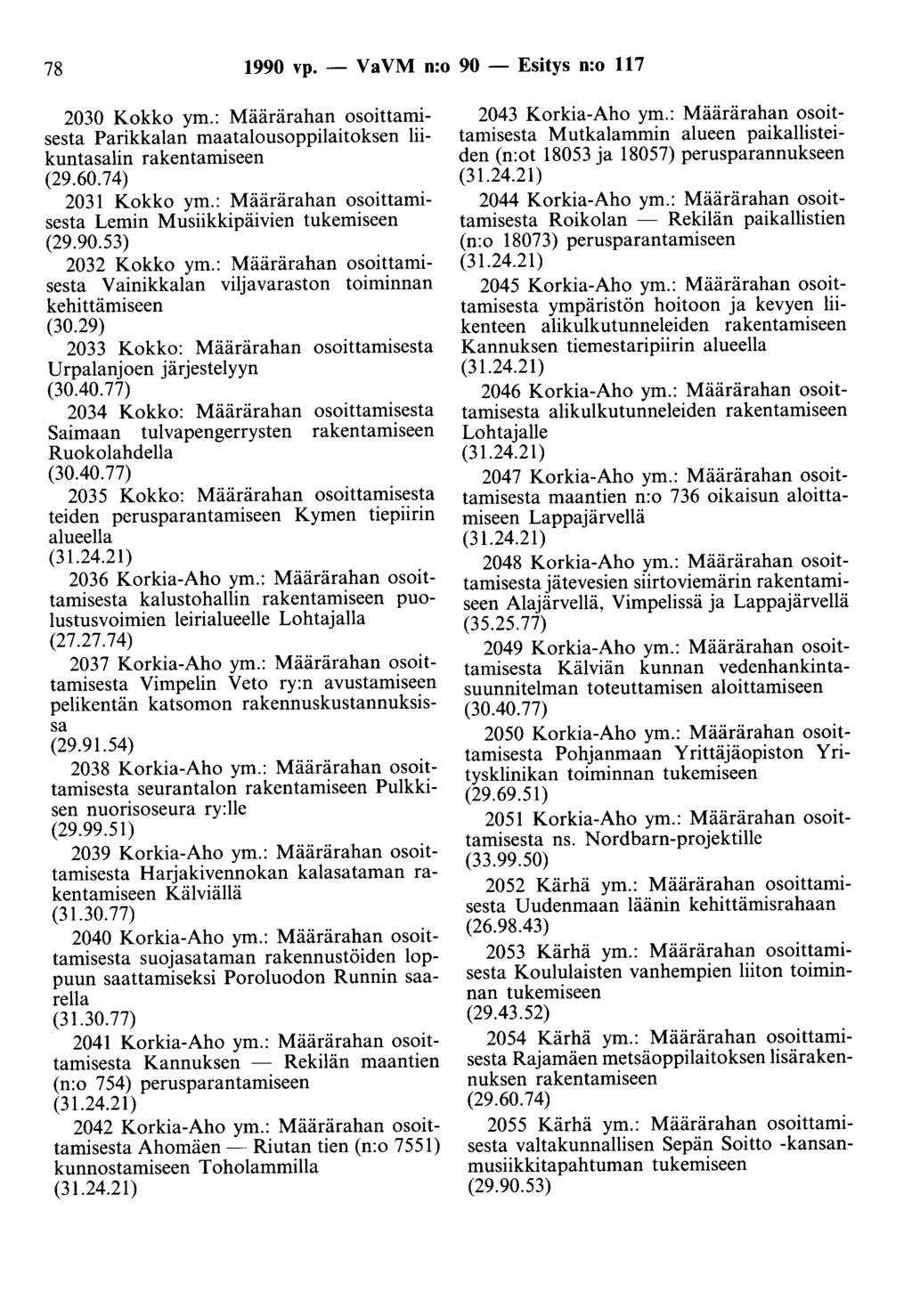 78 1990 vp. - Va VM n:o 90 - Esitys n:o 117 2030 Kokko ym.: Määrärahan osoittamisesta Parikkalan maatalousoppilaitoksen liikuntasalin rakentamiseen (29.60.74) 2031 Kokko ym.
