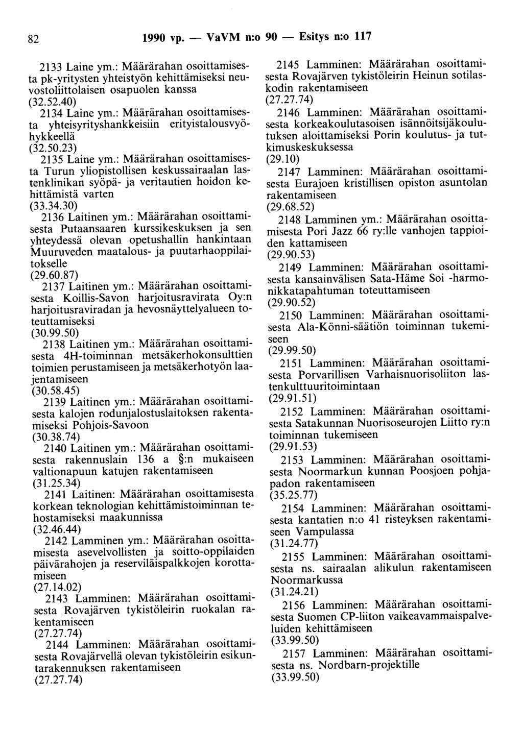 82 1990 vp. - Va VM n:o 90 - Esitys n:o 117 2133 Laine ym.: Määrärahan osoittamisesta pk-yritysten yhteistyön kehittämiseksi neuvostoliittolaisen osapuolen kanssa (32.52.40) 2134 Laine ym.