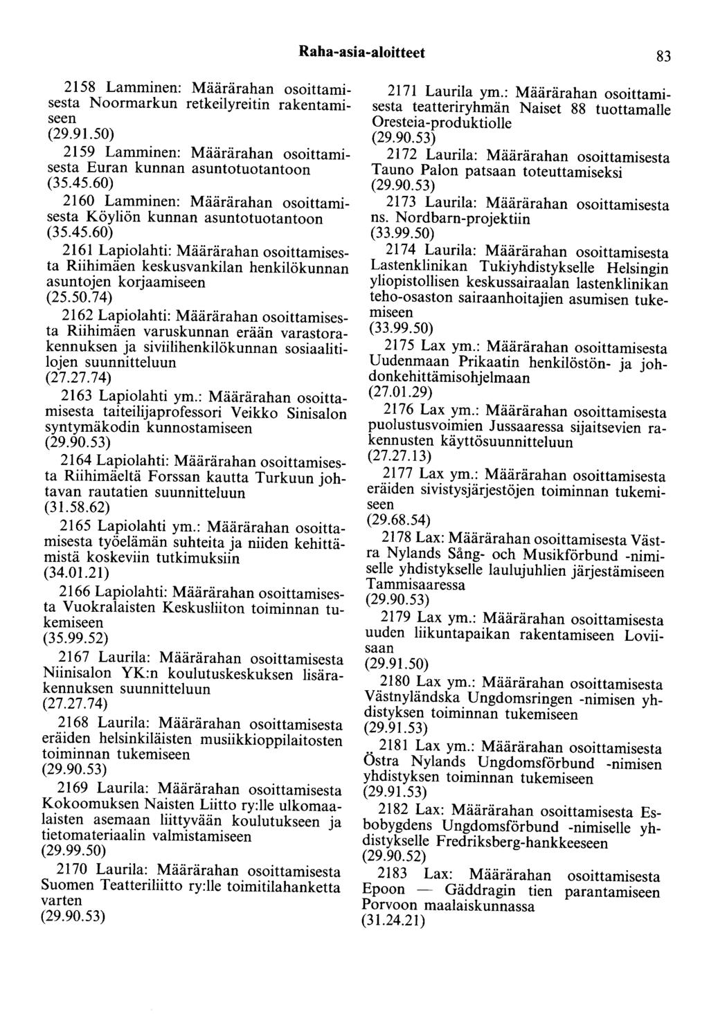 Raha-asia-aloitteet 83 2158 Lamminen: Määrärahan osoittamisesta Noormarkun retkeilyreitin rakentamiseen (29.91.50) 2159 Lamminen: Määrärahan osoittamisesta Euran kunnan asuntotuotantoon (35.45.