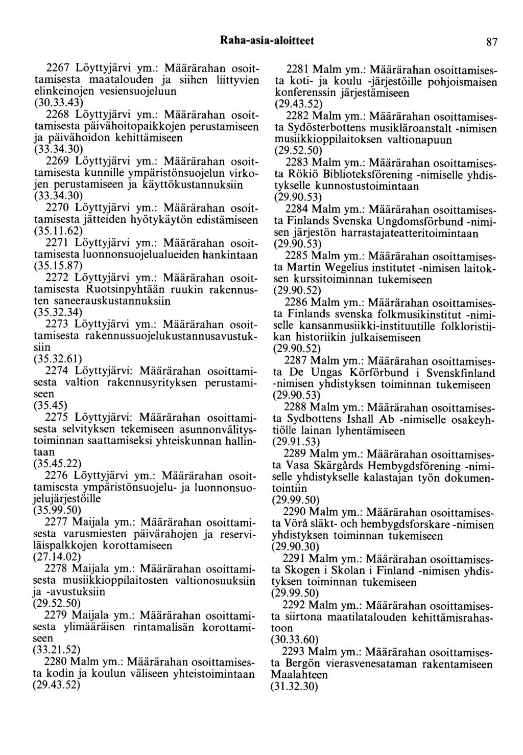 Raha-asia-aloitteet 87 2267 Löyttyjärvi ym.: Määrärahan osoittamisesta maatalouden ja siihen liittyvien elinkeinojen vesiensuojeluun (30.33.43) 2268 Löyttyjärvi ym.