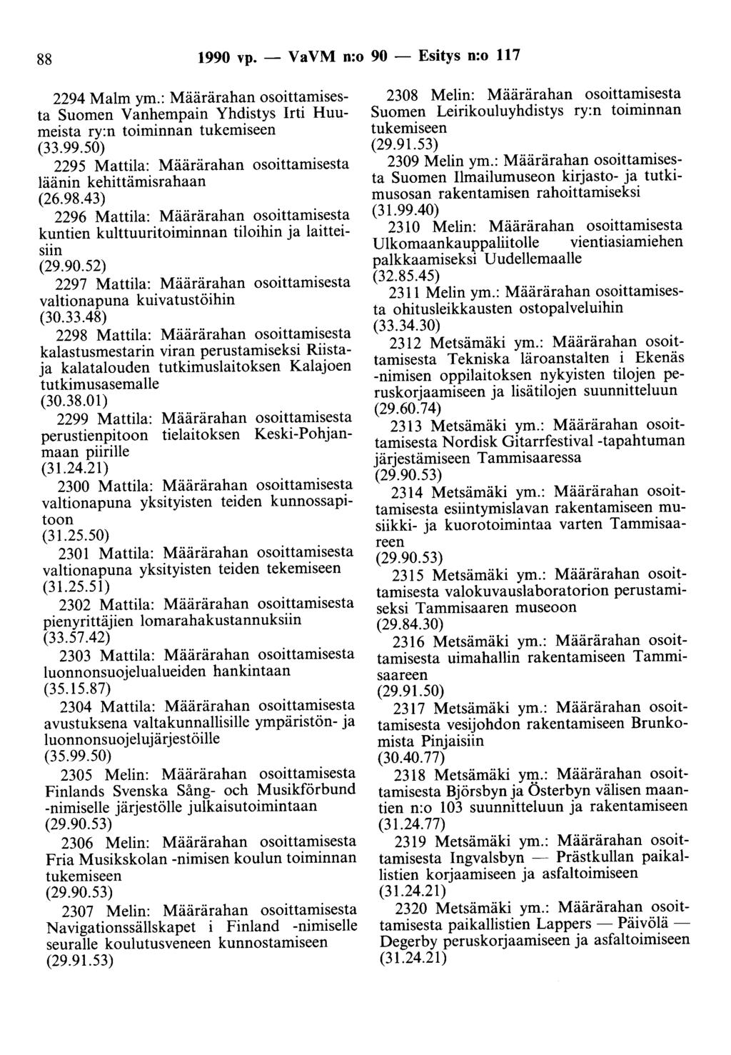 88 1990 vp. - Va VM n:o 90 - Esitys n:o 117 2294 Malm ym.: Määrärahan osoittamisesta Suomen Vanhempain Yhdistys Irti Huumeista ry:n toiminnan tukemiseen (33.99.50) 2295 Mattila: Määrärahan osoittamisesta läänin kehittämisrahaan (26.