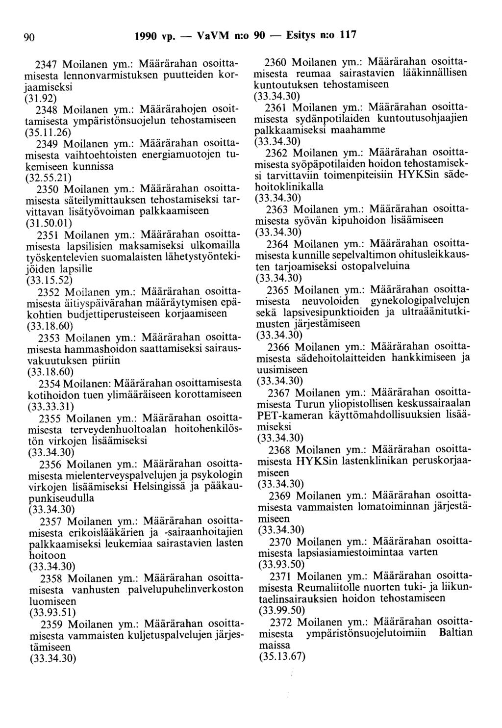 90 1990 vp. - Va VM n:o 90 - Esitys n:o 117 2347 Moilanen ym.: Määrärahan osoittamisesta lennonvarmistuksen puutteiden korjaamiseksi (31.92) 2348 Moilanen ym.