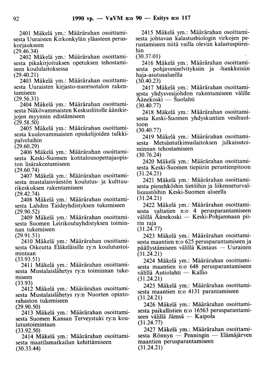 92 1990 vp. - Va VM n:o 90 - Esitys n:o 117 2401 Mäkelä ym.: Määrärahan osoittamisesta Uuraisten Kirkonkylän yläasteen peruskorjaukseen (29.46.34) 2402 Mäkelä ym.
