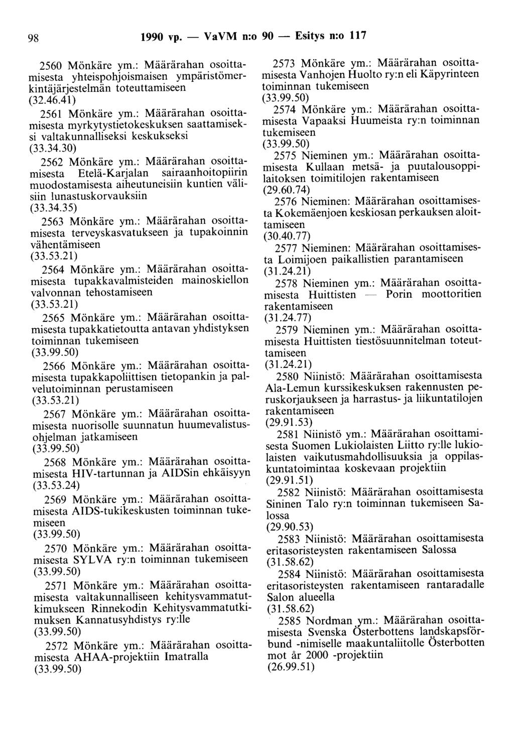 98 1990 vp. - Va VM n:o 90 - Esitys n:o 117 2560 Mönkäre ym.: Määrärahan osoittamisesta yhteispohjoismaisen ympäristömerkintäjärjestelmän toteuttamiseen (32.46.41) 2561 Mönkäre ym.
