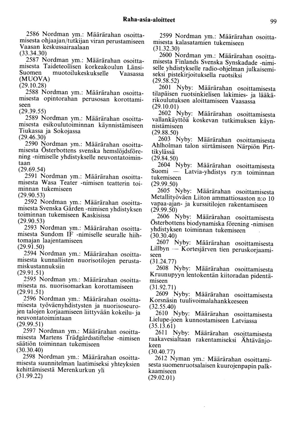 Raha-asia-aloitteet 99 2586 Nordman ym.: Määrärahan osoittamisesta ohjaajan/tutkijan viran perustamiseen Vaasan keskussairaalaan (33.34.30) 2587 Nordman ym.