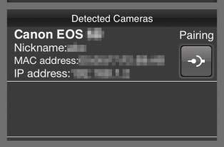 Kun vasemmalla oleva näyttö tulee näkyviin kamerassa, käynnistä EOS Remote -sovellus älypuhelimessa. Valitse älypuhelimessa [Camera Connection/Kamerayhteys].