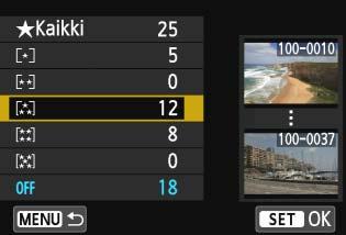Katsottavien kuvien määrittäminen 5 Valitse vaihtoehto. Valitse vaihtoehto <V>-painikkeilla ja paina sitten <0>-painiketta. Valitse [OK] ja avaa asetusnäyttö painamalla <0>-painiketta.