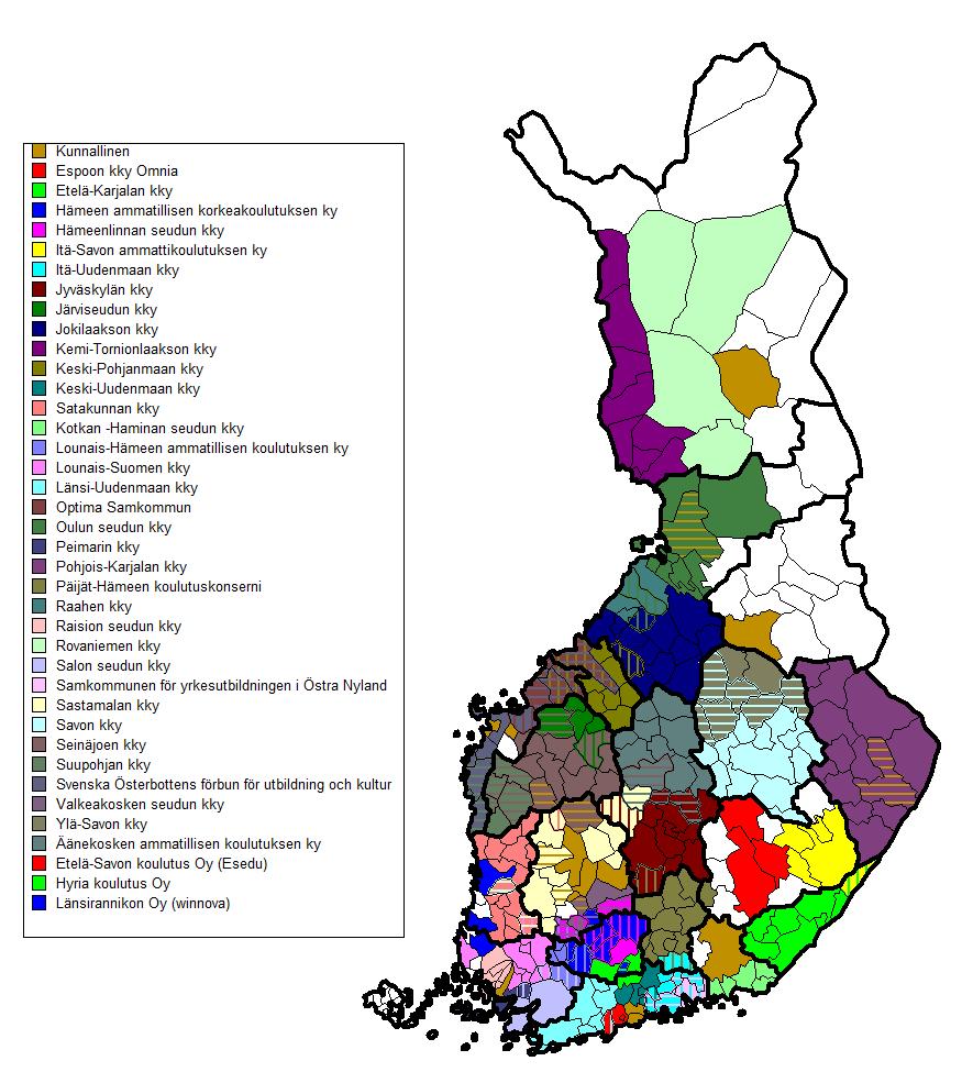 Ammatillisen koulutuksen järjestäjiä vuonna 2014 - Mukana kaikki kuntayhtymät ja niiden jäsenkunnat - Mukana lisäksi osakeyhtiöistä: Etelä-Savon koulutus Oy (Esedu), Hyria koulutus Oy j a