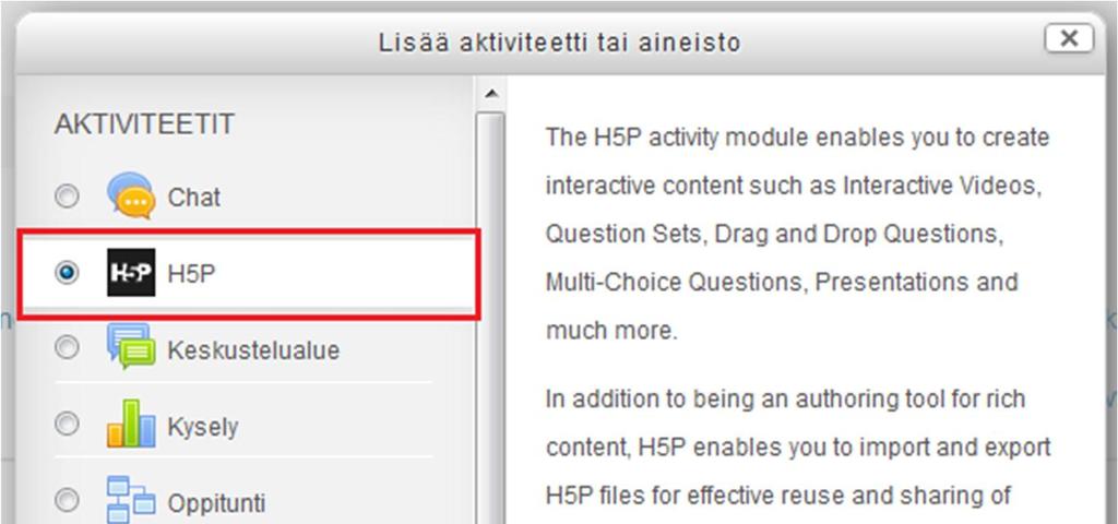 H5P-työkalut Moodlessa 1.