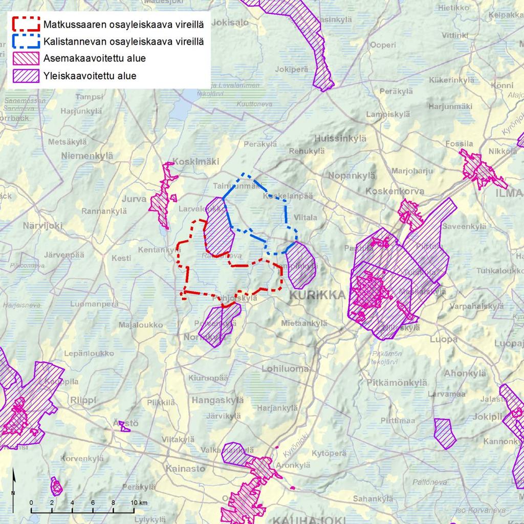 Matkussaaren tuulivoimaosayleiskaava OAS 14.1.2015 11 (18) 5.3 Yleiskaavat 5.4 Asemakaavat Kuva 5.3. Yleis- ja asemakaavat.