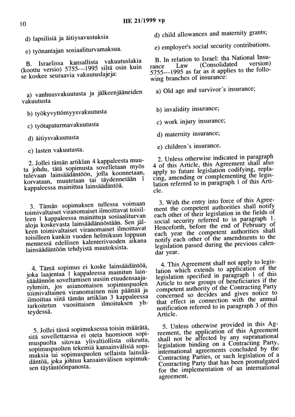 10 HE 21/1999 vp d) lapsilisiä ja äitiysavustuksia d) child allowances and maternity grants; e) työnantajan sosiaaliturvamaksua. e) employer's social security contributions. B.