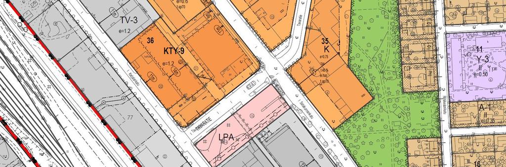 liike- ja toimistokerrosalan 70 m 2, teollisuus- ja asuinkerrosalan 100 m 2 sekä varastokerrosalan 200 m 2 kohti. Ote ajantasa-asemakaavasta, suunnittelualueen rajaus punaisella. 5.