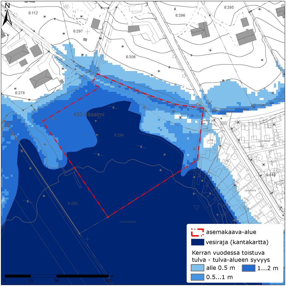 Ote meritulvaselvityksestä (FCG 2012). Kerran vuodessa (1/a) toistuva meri-tulva - tulva-alueen peittävyys sekä tulva-alueen vesisyvyys. Kaava-alue on esitetty punaisella katkoviivalla.