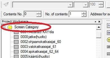 22 -ikkunasta hiiren oikealla painikkeella Screen Category -kansion (kuva 17), päältä valikko, josta valittiin New Screen -vaihtoehto. Kuva 17. Project Workspace -ikkuna.