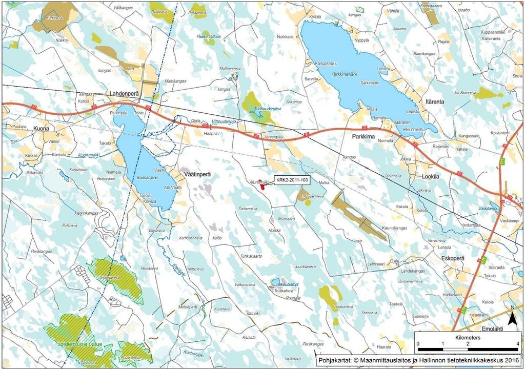 GEOLOGIAN TUTKIMUSKESKUS 20 30.09.2016 Murtomäki Kunta: Pyhäjärvi Havaintotunnus: KRK2-2011 103 Koordinaatit: X: 436978 Y: 7066049 Laatuluokka testattu: I Pinta-ala: 440 x 100m Kivilaji: Meta arkoosi?