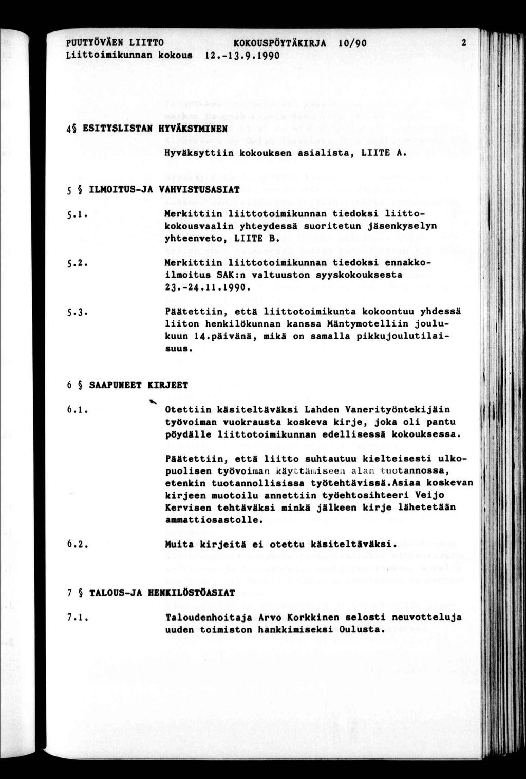PÜUTYÖVÄEN LTTO KOKOUSPÖYTÄKRJA 10/90 Lomkunnan kokous 12.-13.
