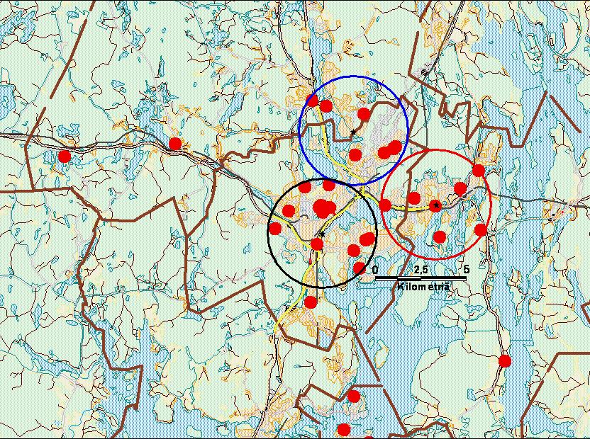 Ikäluokat Nykyisin 2015 0-6 vuotiaat 1770 7-12 vuotiaat 1493 13-17 vuotiaat 1250 PERUSKOULUT Ympyrän säde 3 km Ikäluokat Nykyisin 2015 0-6 vuotiaat 2763 7-12 vuotiaat 2219