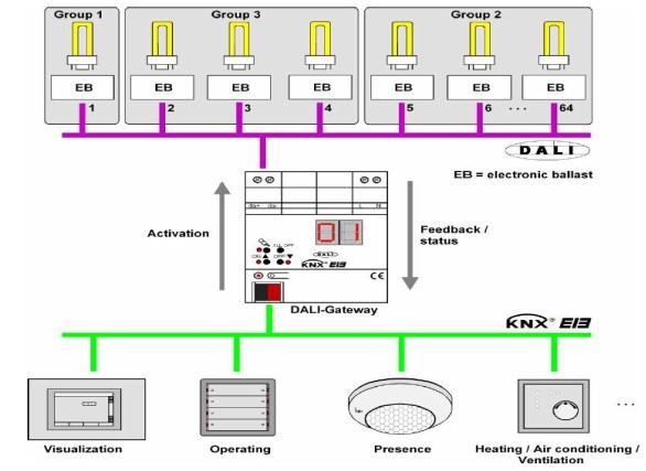22 Kuva 31. KNX/DALI-väyläratkaisu [6, s. 17.] DALI-valaisimilla on yksilöllinen osoite, mutta niitä ohjataan ryhmissä.