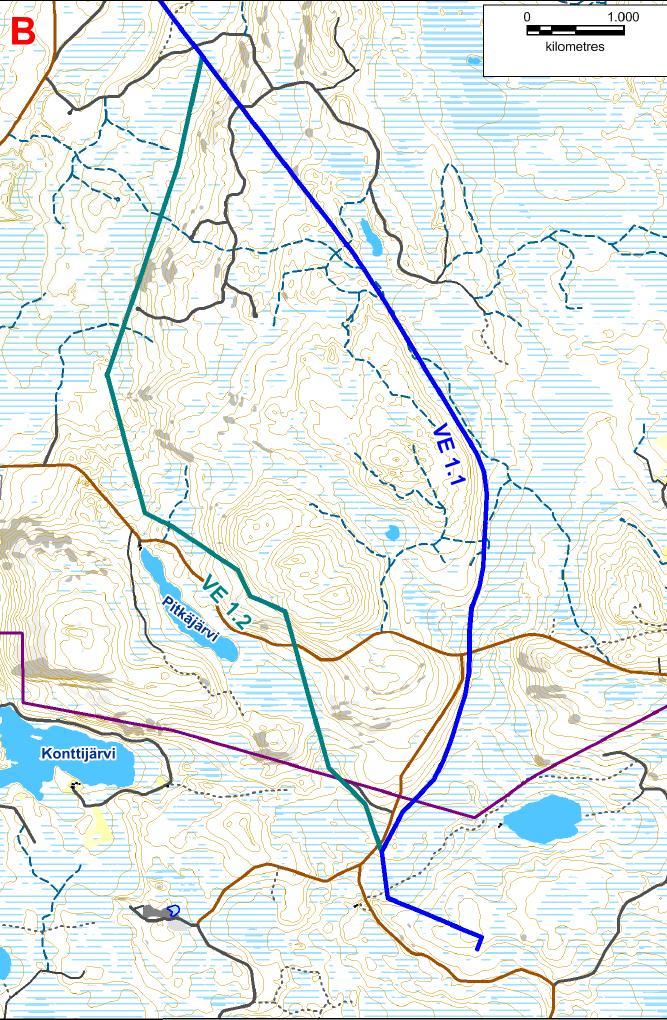 Suunniteltu voimajohtokäytävä jatkuu Fingridin kantaverkon yhteyteen metsäisten ja soistuvien alueiden läpi.