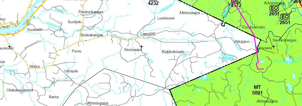 4,5 km osuudella Vähävaarasta Laurinpaikkaan on merkintä voimajohtoyhteydestä. Linjaus ylittää uudelleen Välijoentien ja vieressä kulkee moottorikelkkailureitti.