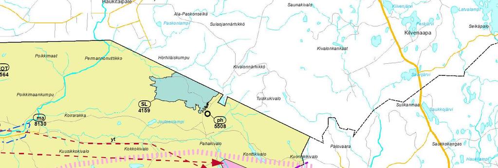 Linjauksen länsipuolella sijaitsee maakuntakaavassa osoitettu Perämaan vanhojen metsien luonnonsuojelualue merkinnällä SL, sekä Poroharjun poroerotuspaikka merkinnällä ph.