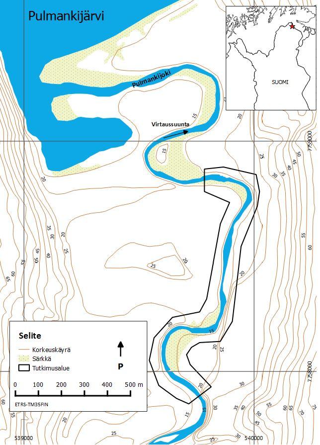 3 Tutkimusalue Tutkimusalue kattaa noin 1,3 kilometrin pituisen uoman osan meanderoivasta Pulmankijoesta (kuva 13).